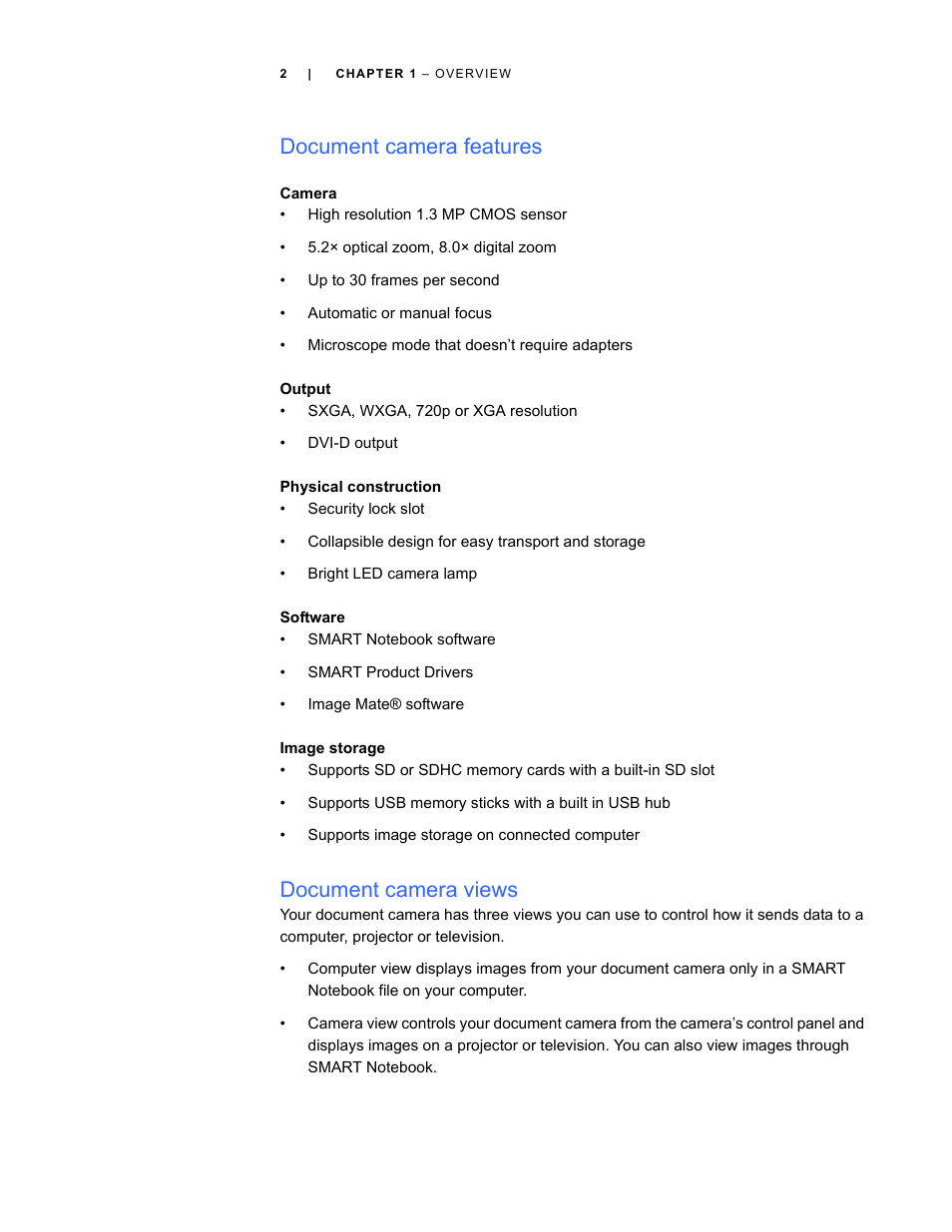 Document camera features, Camera, Output | Physical construction, Software, Image storage, Document camera views | Smart Technologies Smart Document Camera 330 User Manual | Page 8 / 58