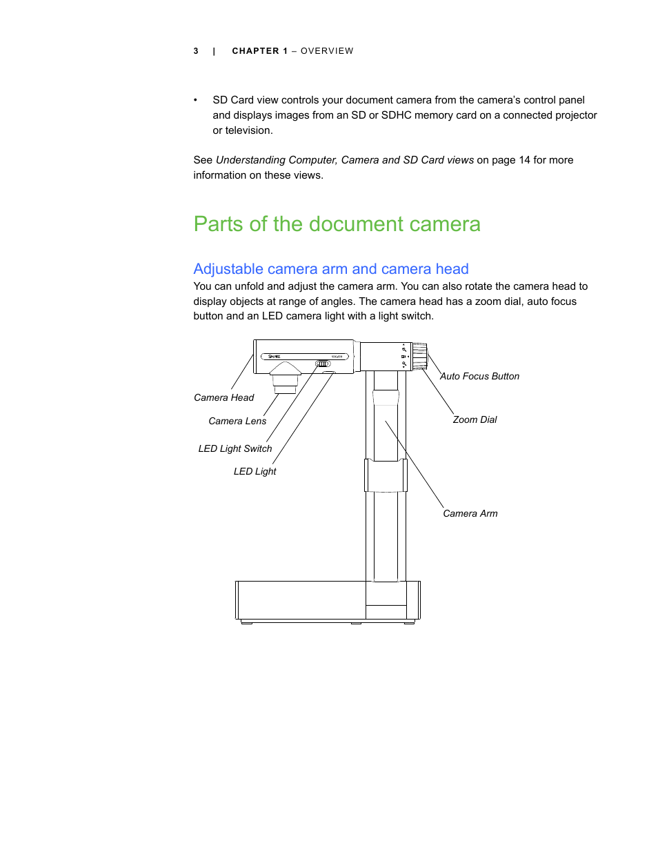 Parts of the document camera, Adjustable camera arm and camera head | Smart Technologies Smart Document Camera 330 User Manual | Page 9 / 58