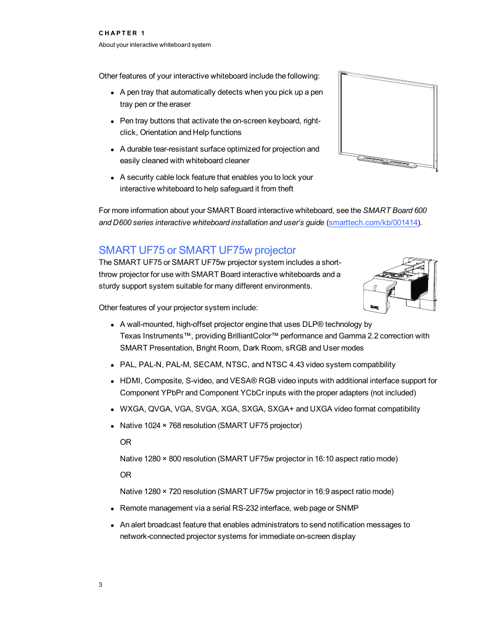 Smart uf75 or smart uf75w projector | Smart Technologies Interactive Whiteboard System 600i5 User Manual | Page 15 / 106