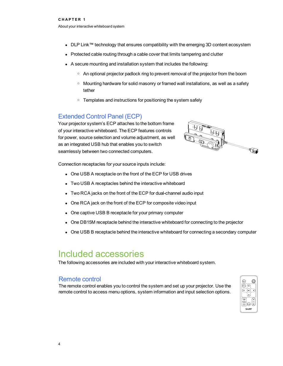 Extended control panel (ecp), Included accessories, Remote control | Smart Technologies Interactive Whiteboard System 600i5 User Manual | Page 16 / 106