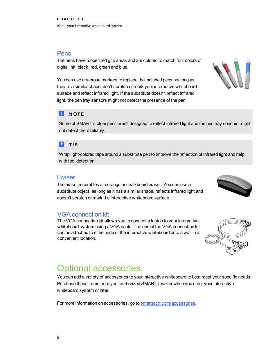 Pens, Eraser, Vga connection kit | Optional accessories | Smart Technologies Interactive Whiteboard System 600i5 User Manual | Page 17 / 106