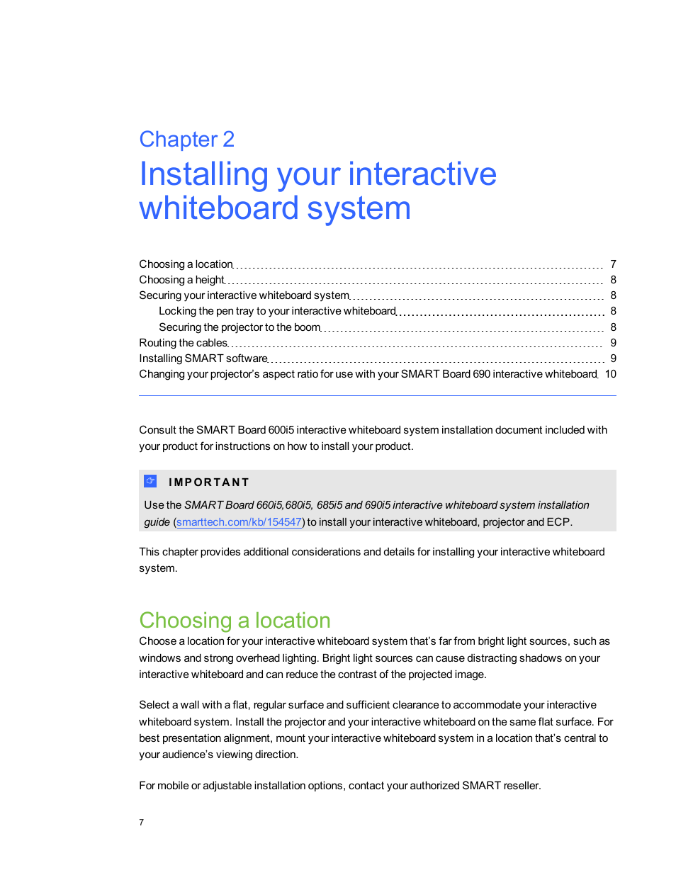 Choosing a location, Chapter 2 | Smart Technologies Interactive Whiteboard System 600i5 User Manual | Page 19 / 106