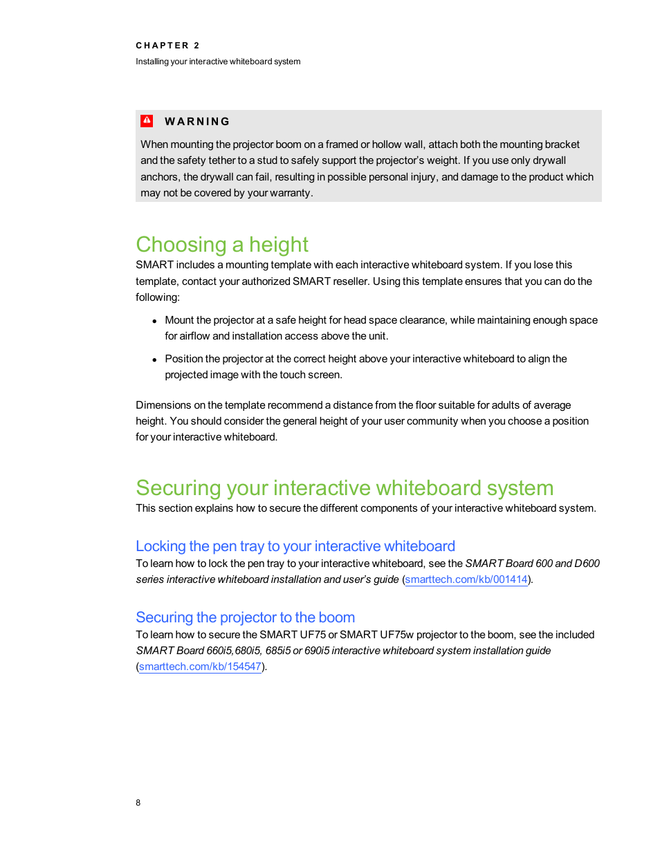 Choosing a height, Securing your interactive whiteboard system, Securing the projector to the boom | Smart Technologies Interactive Whiteboard System 600i5 User Manual | Page 20 / 106