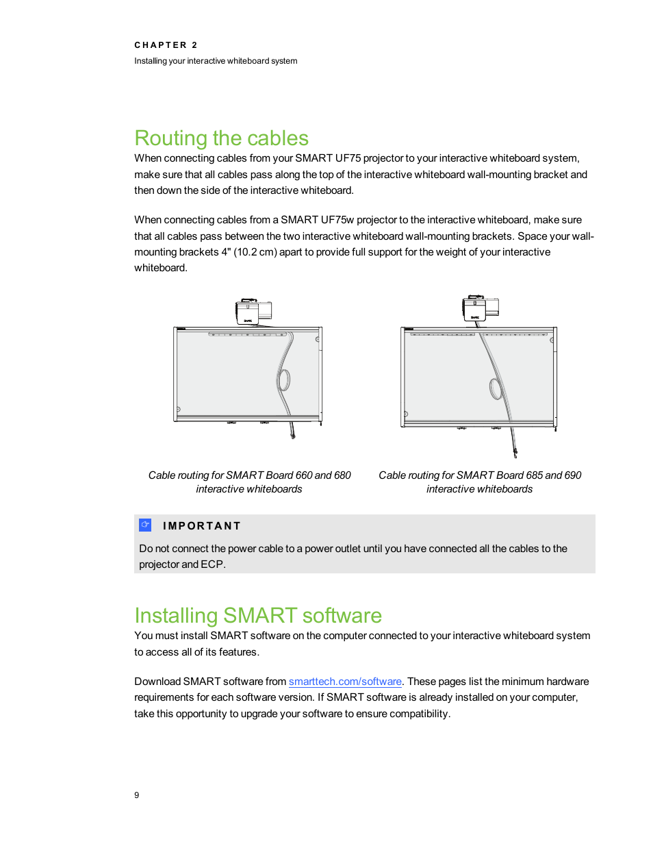 Routing the cables, Installing smart software | Smart Technologies Interactive Whiteboard System 600i5 User Manual | Page 21 / 106