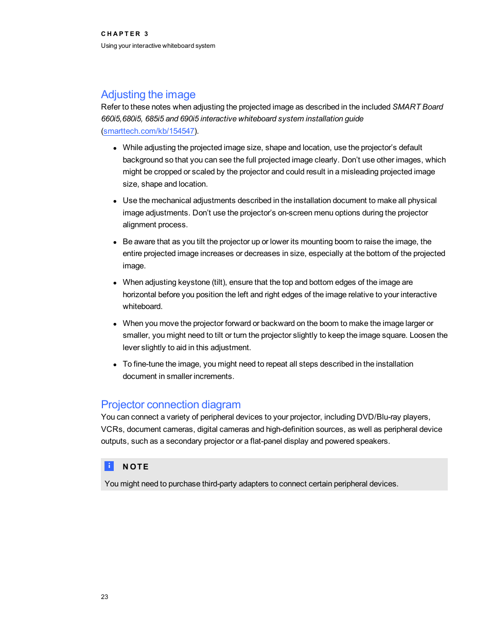 Adjusting the image, Projector connection diagram | Smart Technologies Interactive Whiteboard System 600i5 User Manual | Page 35 / 106