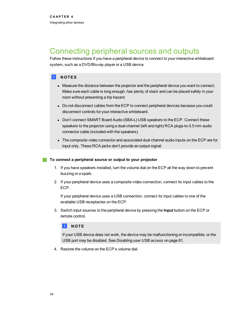 Connecting peripheral sources and outputs | Smart Technologies Interactive Whiteboard System 600i5 User Manual | Page 46 / 106