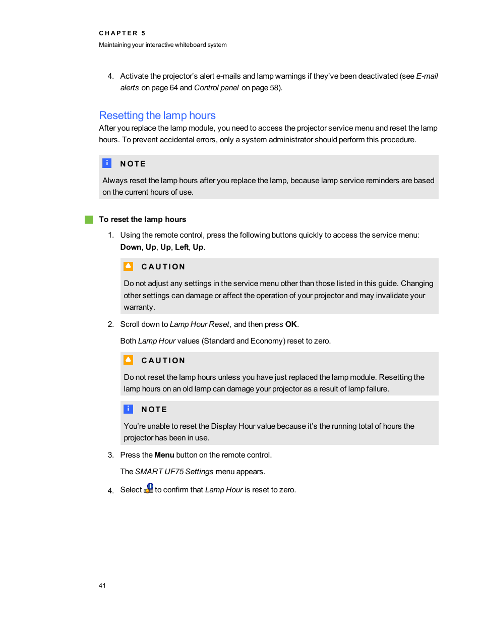 Resetting the lamp hours | Smart Technologies Interactive Whiteboard System 600i5 User Manual | Page 53 / 106