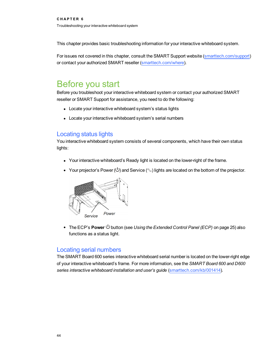 Before you start, Locating status lights, Locating serial numbers | Smart Technologies Interactive Whiteboard System 600i5 User Manual | Page 56 / 106