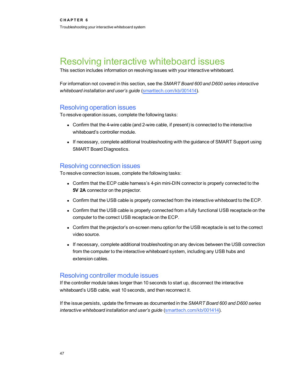 Resolving interactive whiteboard issues, Resolving operation issues, Resolving connection issues | Resolving controller module issues | Smart Technologies Interactive Whiteboard System 600i5 User Manual | Page 59 / 106