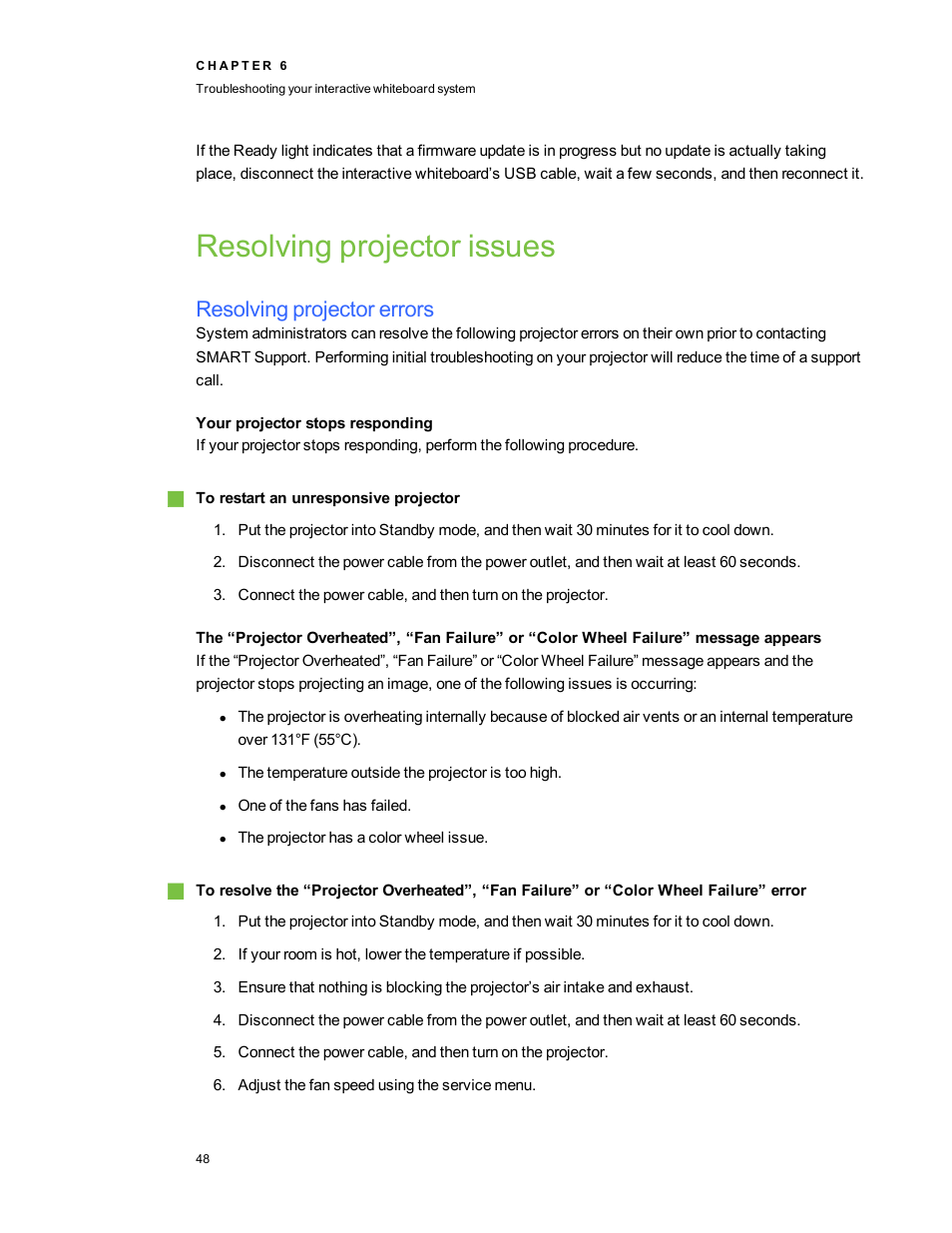 Resolving projector issues, Resolving projector errors, Your projector stops responding | Smart Technologies Interactive Whiteboard System 600i5 User Manual | Page 60 / 106