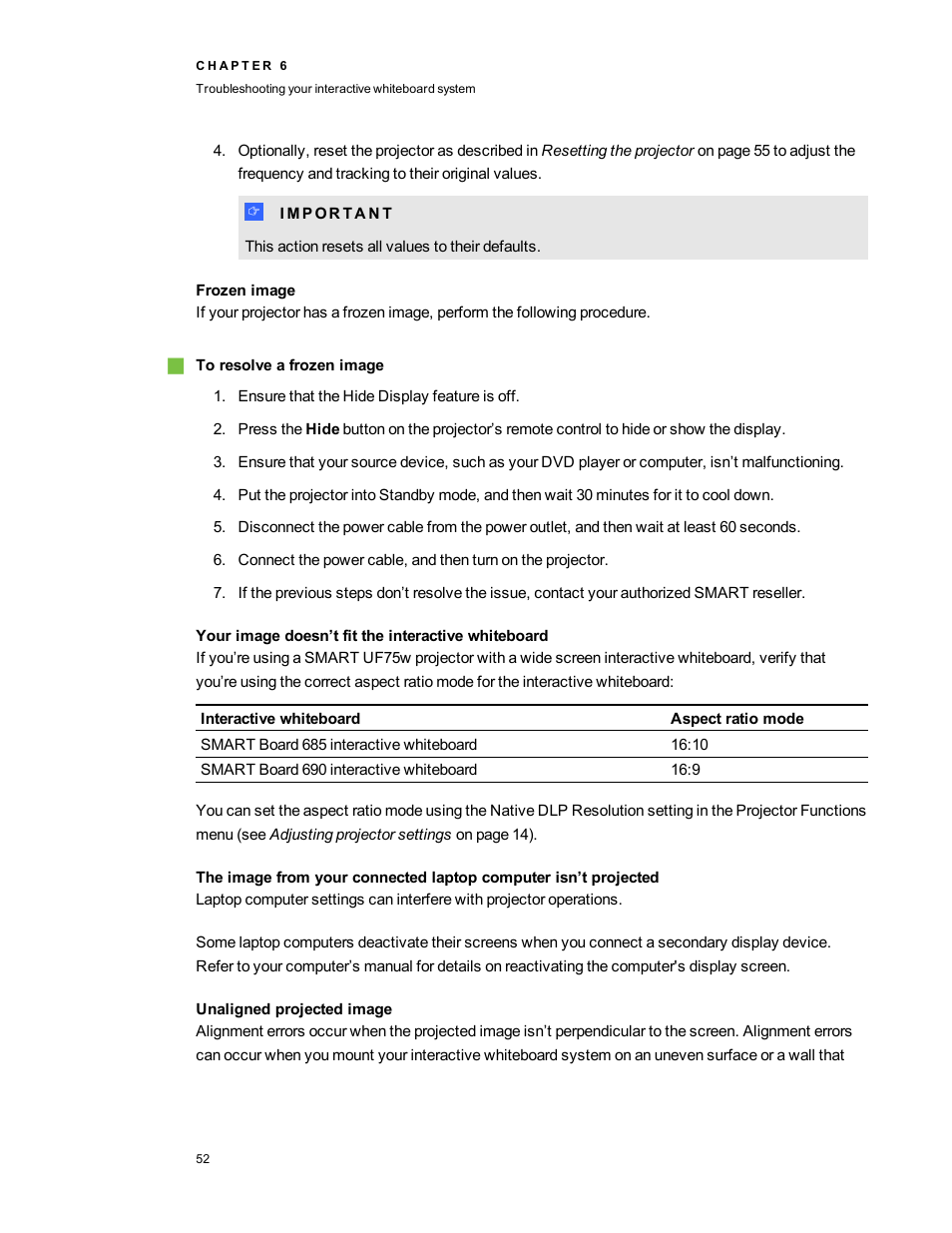 Frozen image, Your image doesn’t fit the interactive whiteboard, Unaligned projected image | Smart Technologies Interactive Whiteboard System 600i5 User Manual | Page 64 / 106