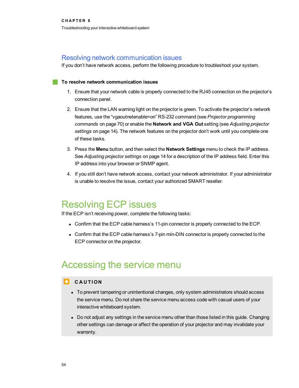 Resolving network communication issues, Resolving ecp issues, Accessing the service menu | Smart Technologies Interactive Whiteboard System 600i5 User Manual | Page 66 / 106