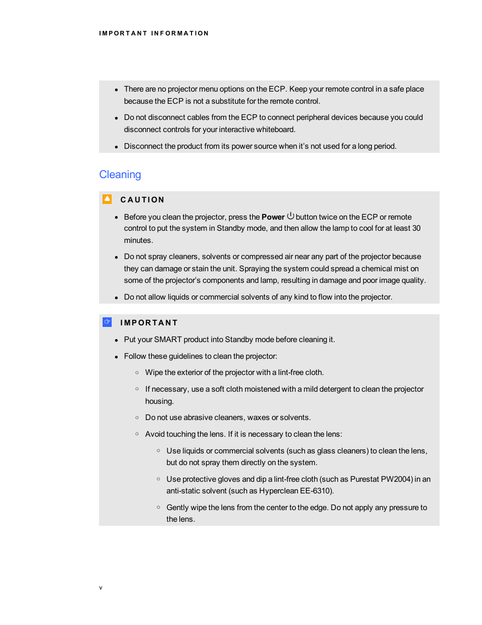 Cleaning | Smart Technologies Interactive Whiteboard System 600i5 User Manual | Page 7 / 106