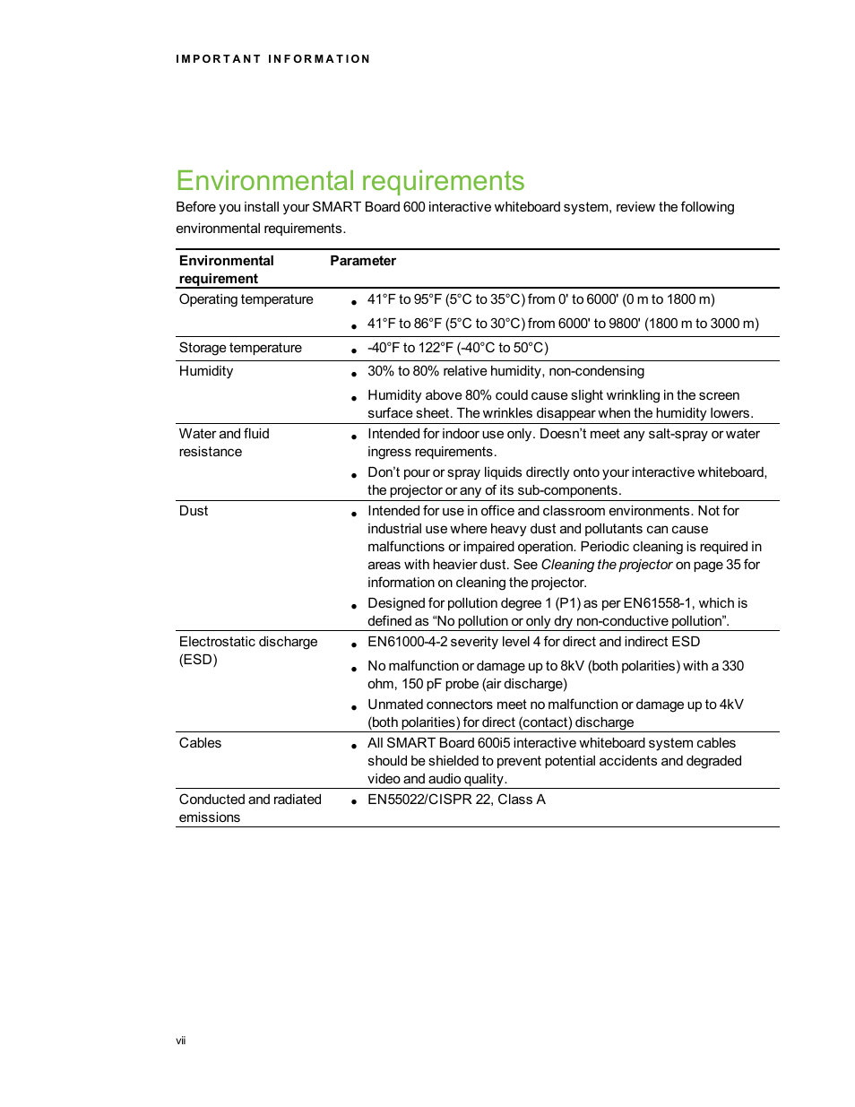 Environmental requirements | Smart Technologies Interactive Whiteboard System 600i5 User Manual | Page 9 / 106