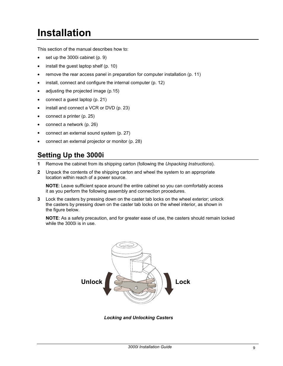 Installation, Setting up the 3000i, Lock unlock | Smart Technologies 3000i User Manual | Page 17 / 62