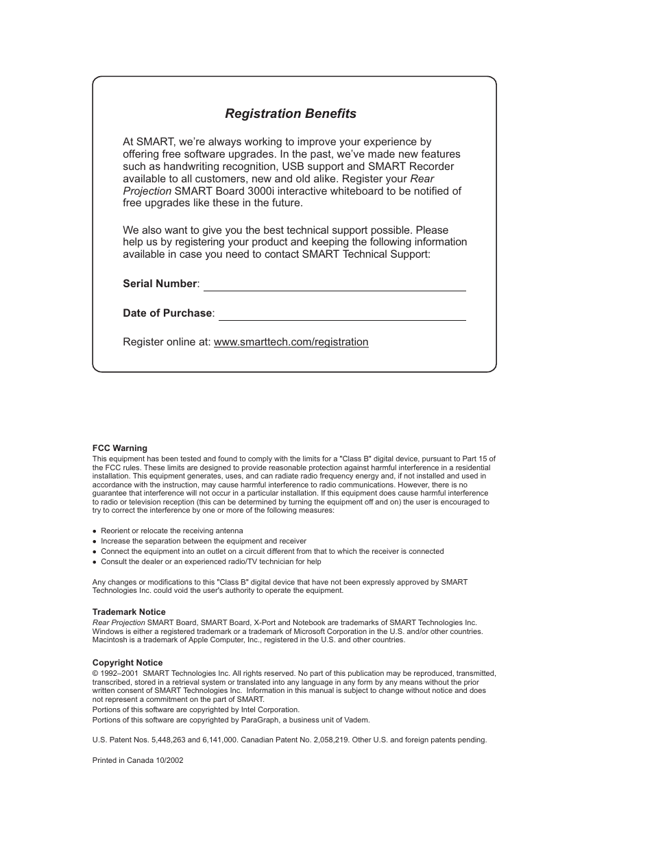 Registration benefits | Smart Technologies 3000i User Manual | Page 2 / 62