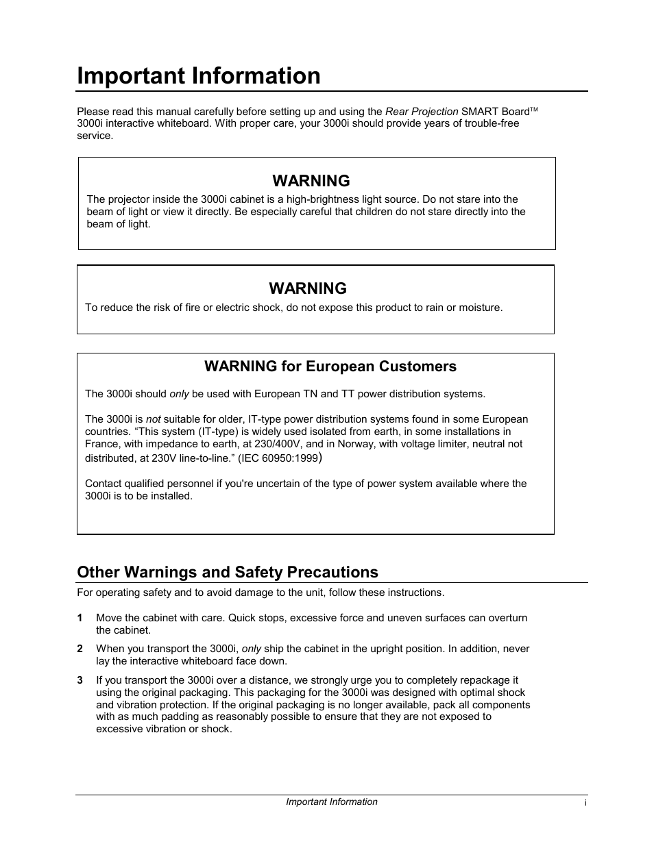 Important information, Other warnings and safety precautions, Warning | Warning for european customers | Smart Technologies 3000i User Manual | Page 3 / 62