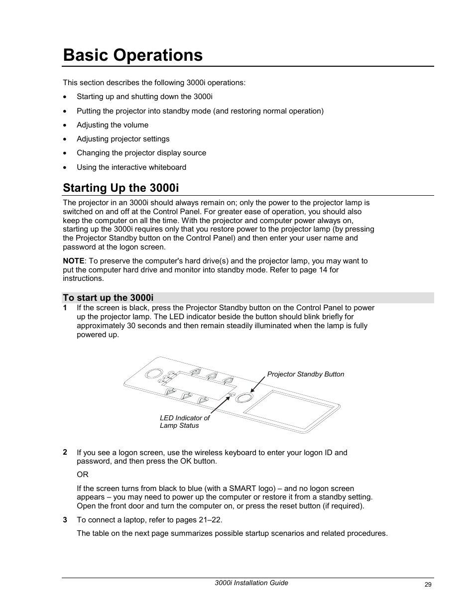 Basic operations, Starting up the 3000i | Smart Technologies 3000i User Manual | Page 37 / 62