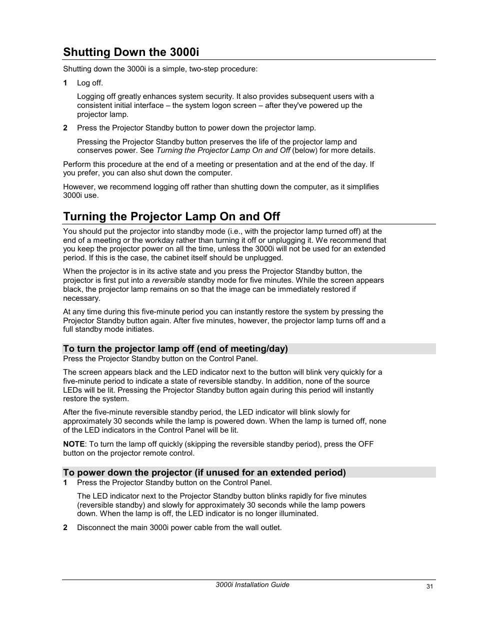 Shutting down the 3000i, Turning the projector lamp on and off | Smart Technologies 3000i User Manual | Page 39 / 62