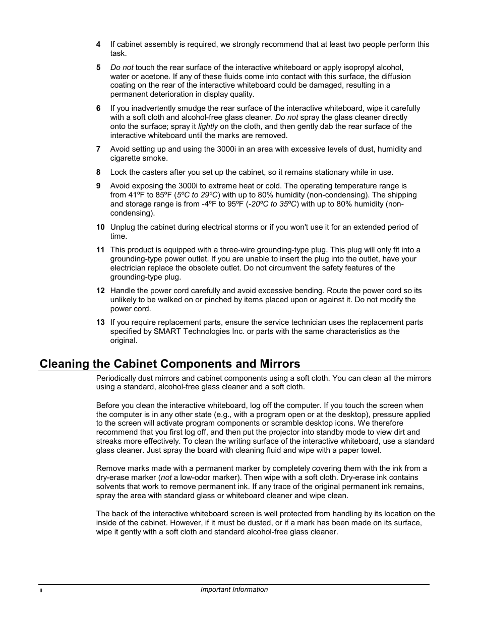 Cleaning the cabinet components and mirrors | Smart Technologies 3000i User Manual | Page 4 / 62
