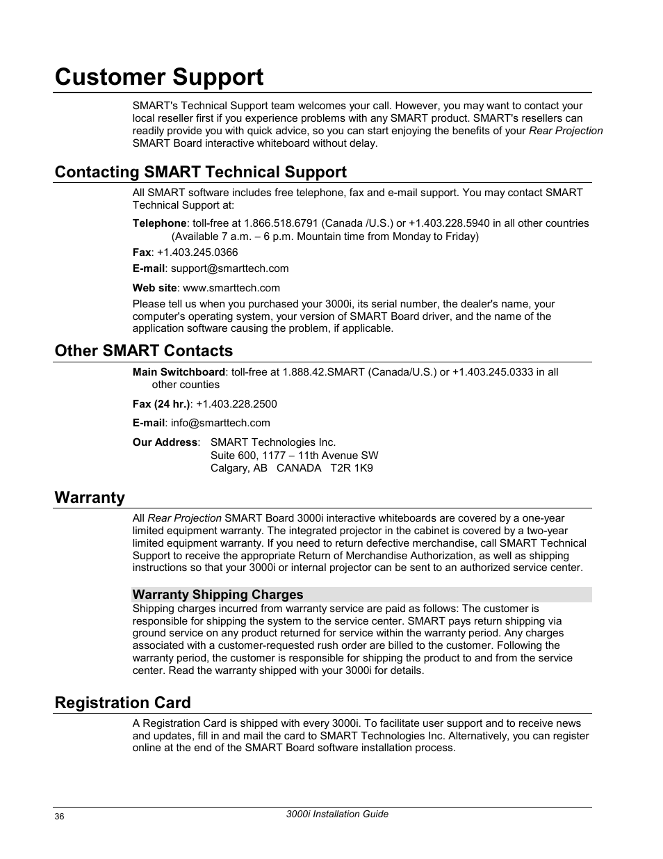 Customer support, Contacting smart technical support, Other smart contacts | Warranty, Registration card | Smart Technologies 3000i User Manual | Page 44 / 62