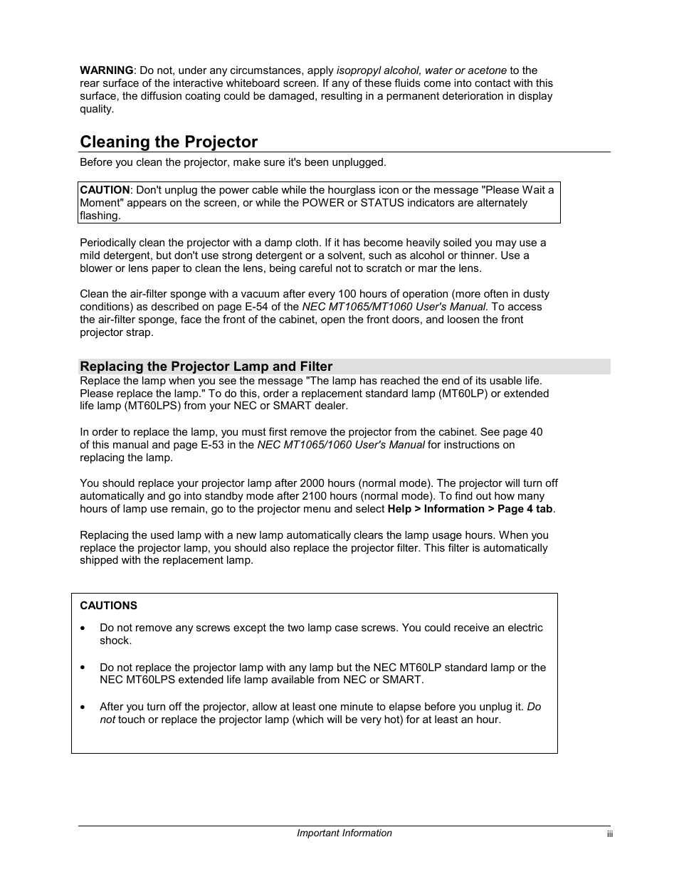 Cleaning the projector | Smart Technologies 3000i User Manual | Page 5 / 62