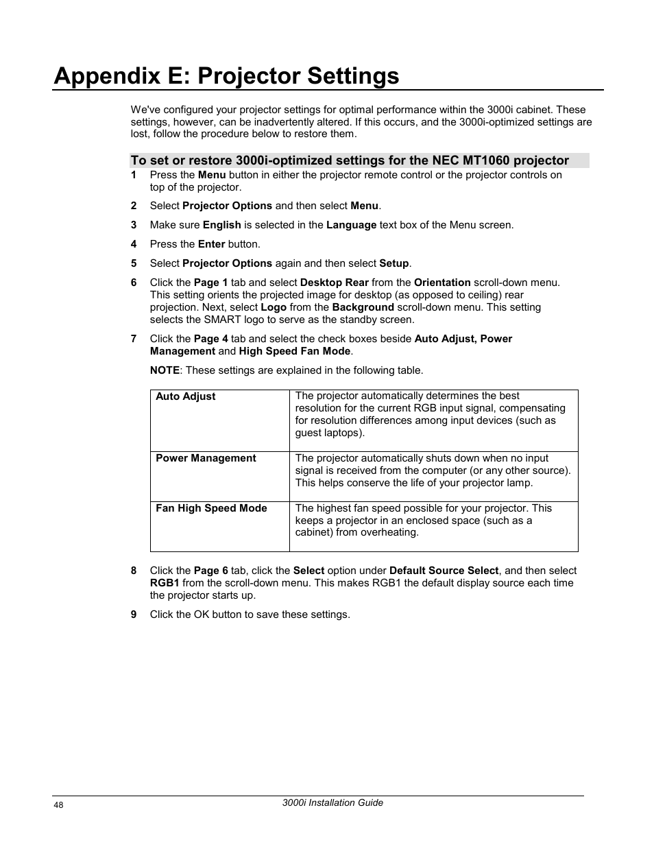 Appendix e: projector settings | Smart Technologies 3000i User Manual | Page 56 / 62