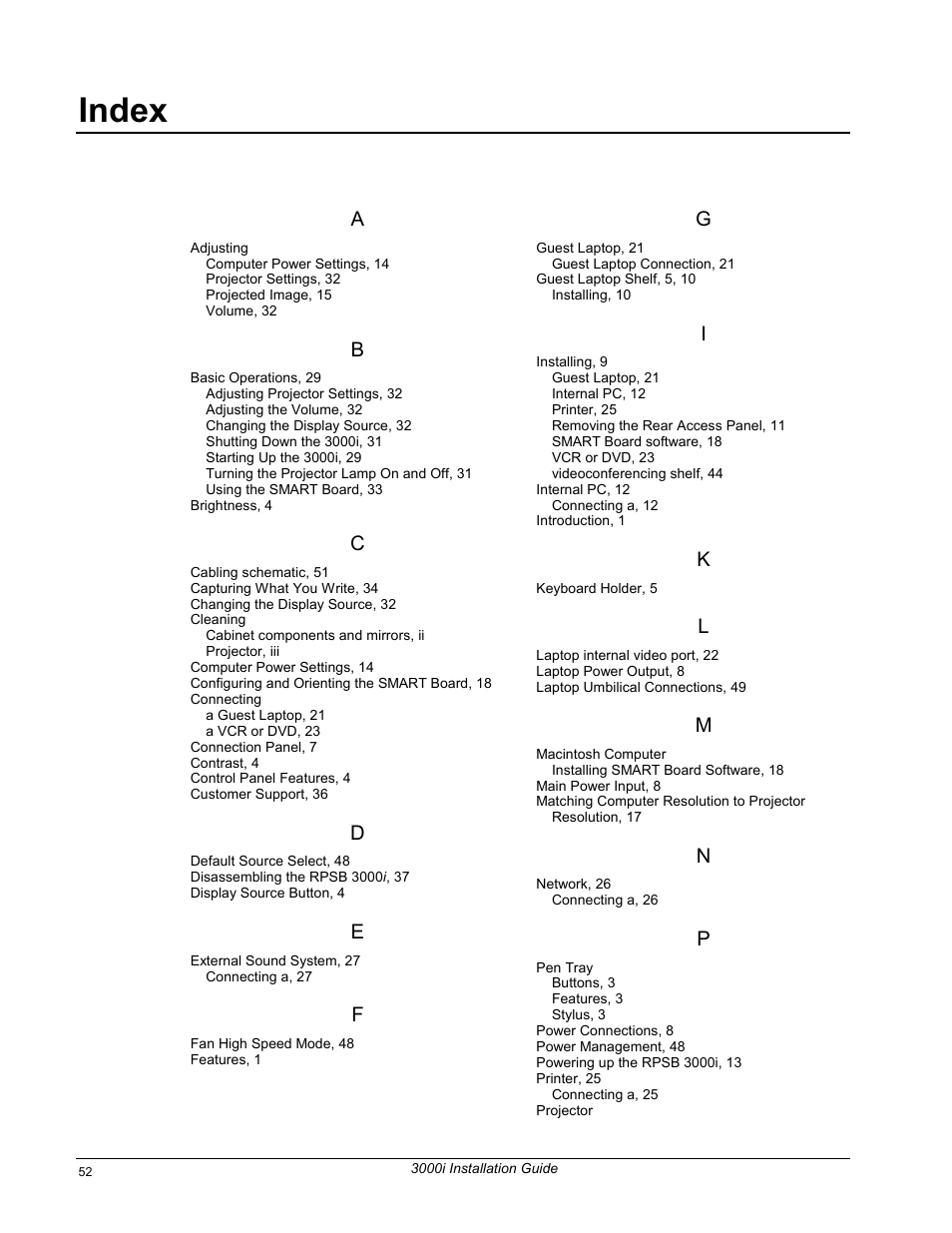 Appendix g: cabling schematic, Index | Smart Technologies 3000i User Manual | Page 60 / 62