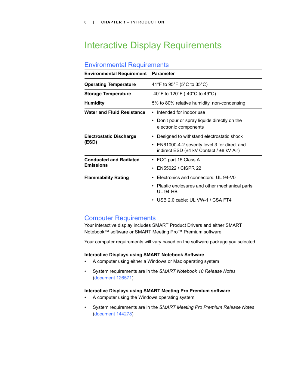 Interactive display requirements, Environmental requirements, Computer requirements | Environmental requirements computer requirements | Smart Technologies SBID Interactive Display 6052i User Manual | Page 14 / 62