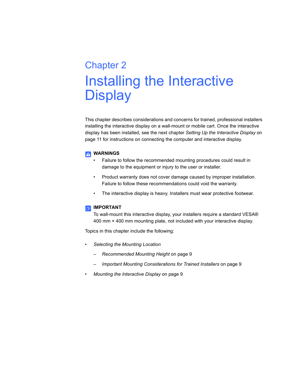 Installing the interactive display, Chapter 2 | Smart Technologies SBID Interactive Display 6052i User Manual | Page 15 / 62