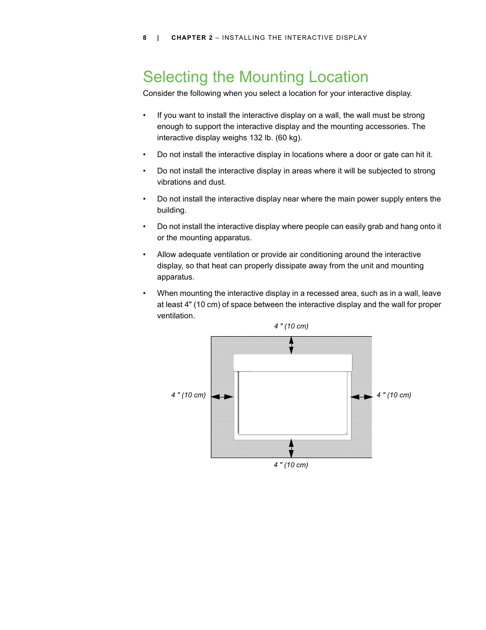 Selecting the mounting location | Smart Technologies SBID Interactive Display 6052i User Manual | Page 16 / 62