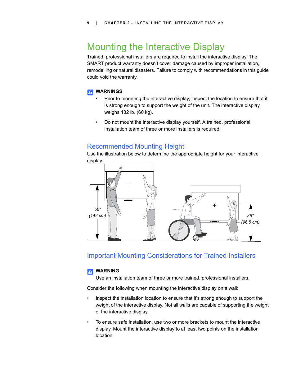 Mounting the interactive display, Recommended mounting height | Smart Technologies SBID Interactive Display 6052i User Manual | Page 17 / 62