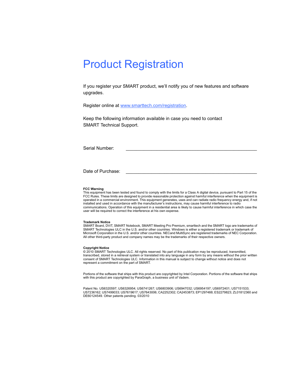 Product registration | Smart Technologies SBID Interactive Display 6052i User Manual | Page 2 / 62