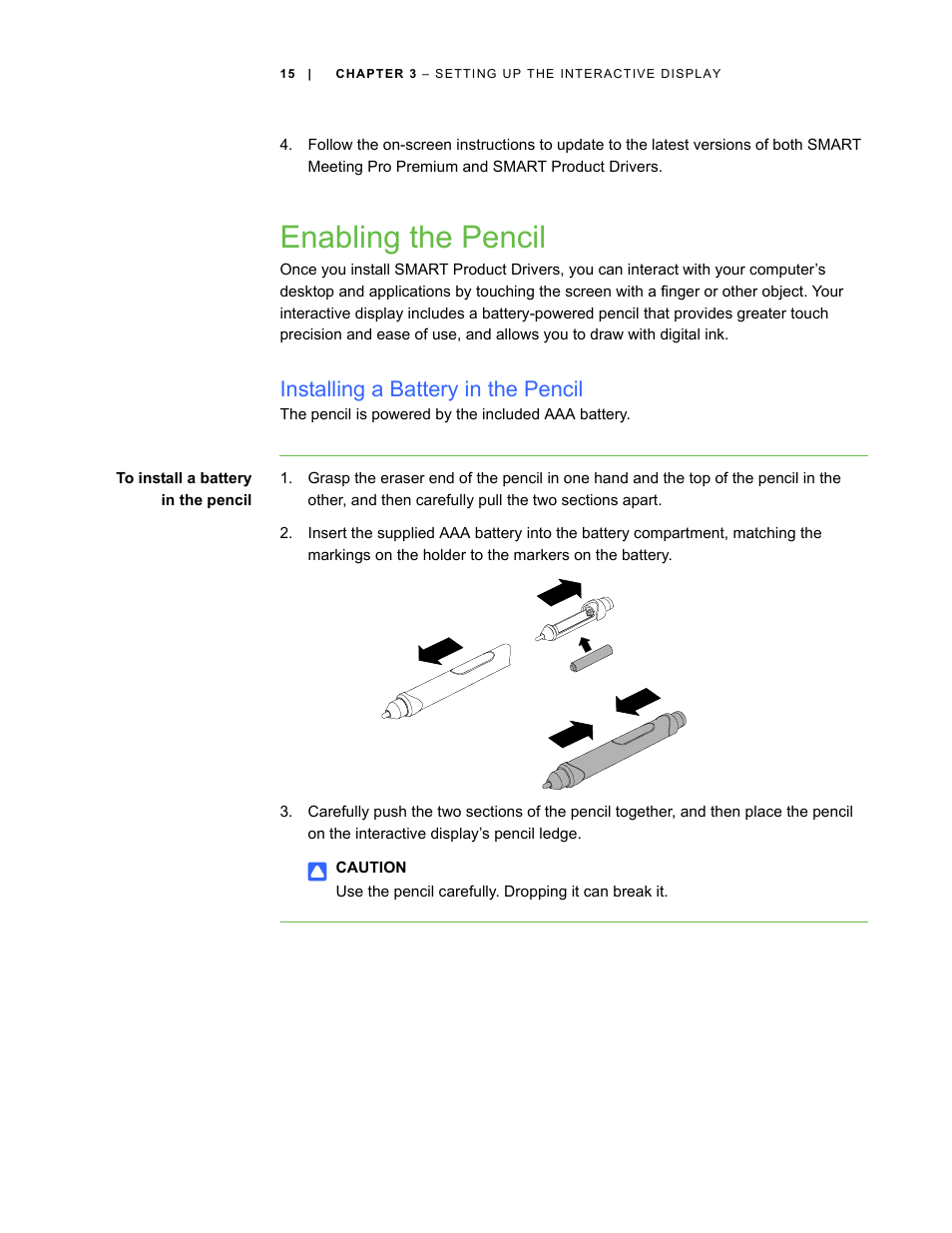 Enabling the pencil, Installing a battery in the pencil | Smart Technologies SBID Interactive Display 6052i User Manual | Page 23 / 62