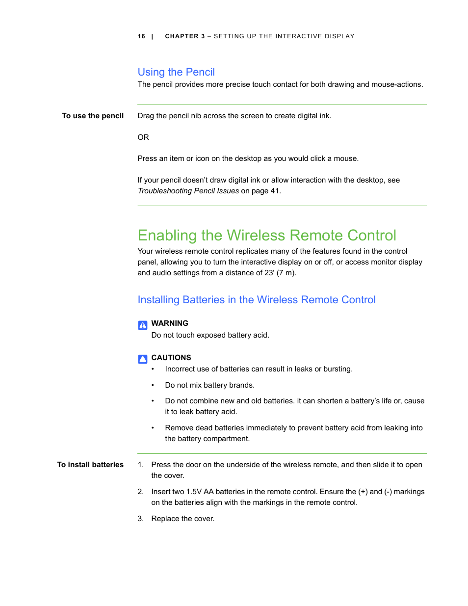 Using the pencil, Enabling the wireless remote control | Smart Technologies SBID Interactive Display 6052i User Manual | Page 24 / 62