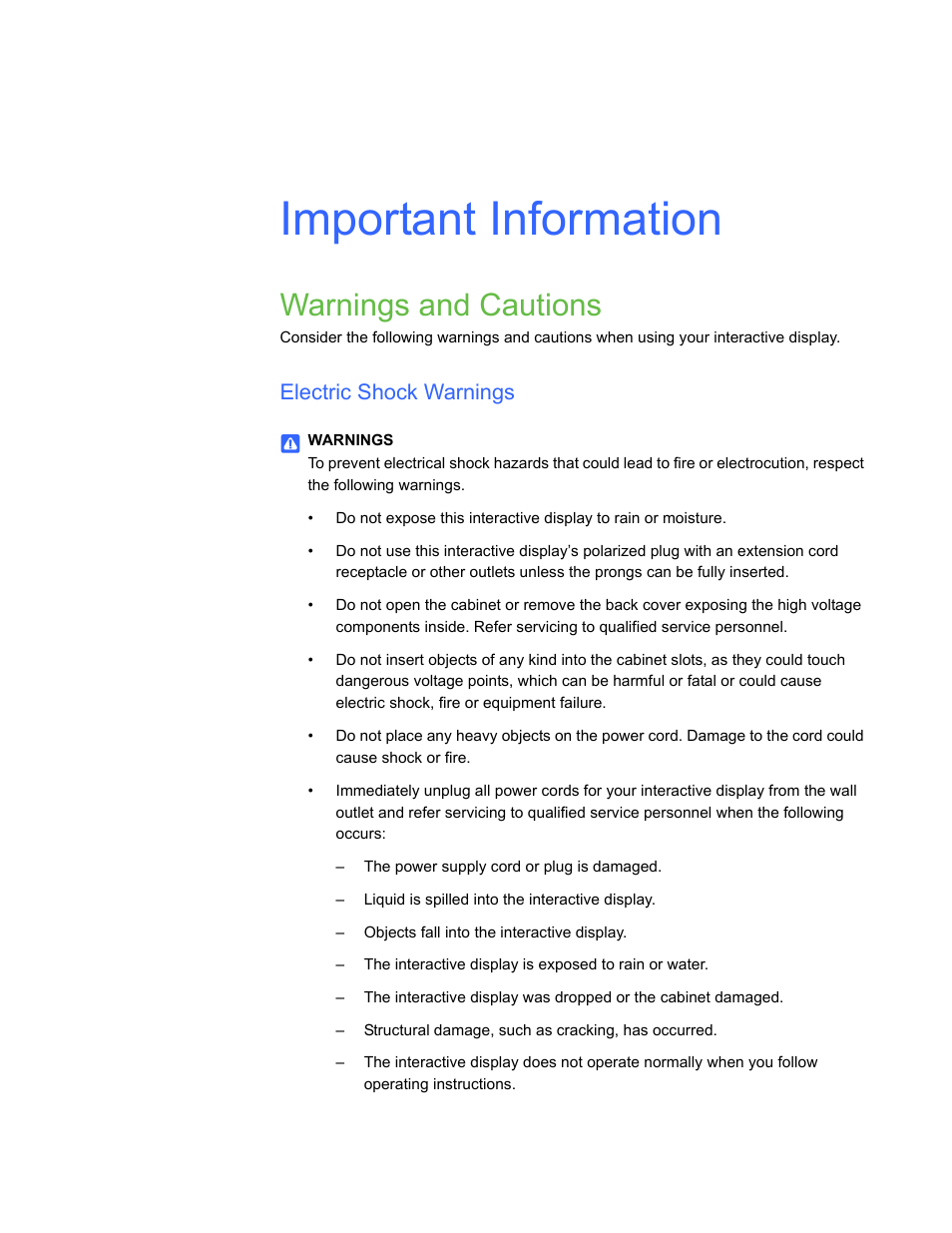 Important information, Warnings and cautions, Electric shock warnings | Smart Technologies SBID Interactive Display 6052i User Manual | Page 3 / 62