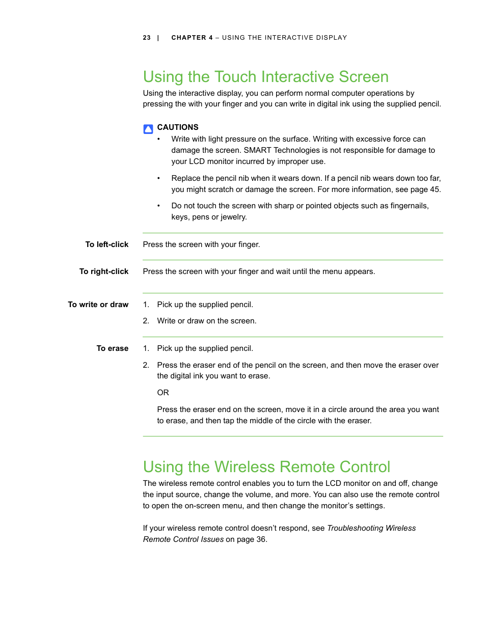 Using the touch interactive screen, Using the wireless remote control | Smart Technologies SBID Interactive Display 6052i User Manual | Page 31 / 62
