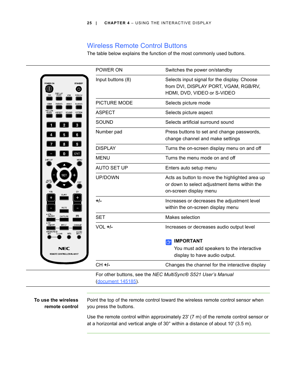 Wireless remote control buttons | Smart Technologies SBID Interactive Display 6052i User Manual | Page 33 / 62