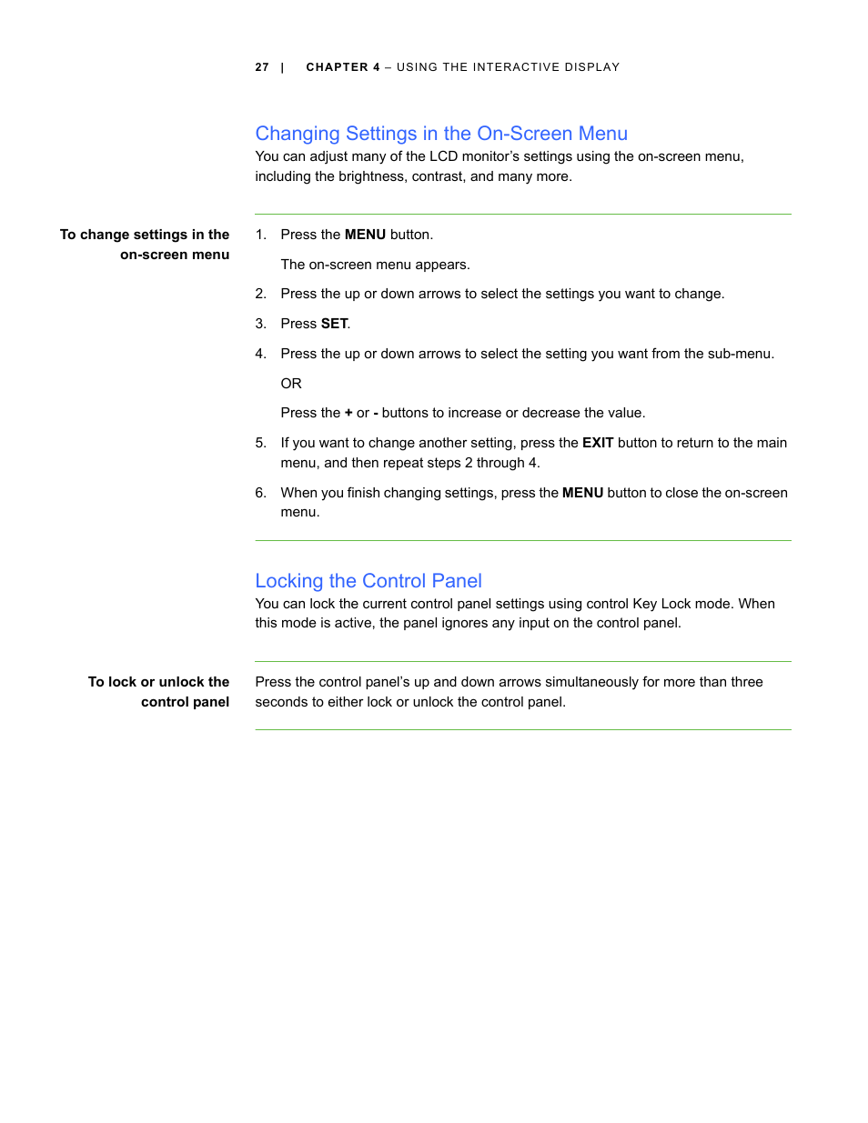 Changing settings in the on-screen menu, Locking the control panel | Smart Technologies SBID Interactive Display 6052i User Manual | Page 35 / 62