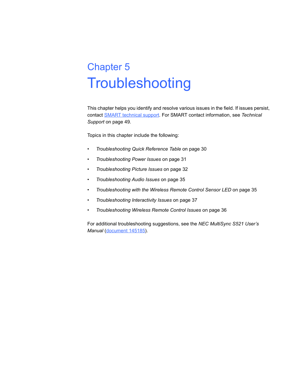 Troubleshooting, Chapter 5 | Smart Technologies SBID Interactive Display 6052i User Manual | Page 37 / 62