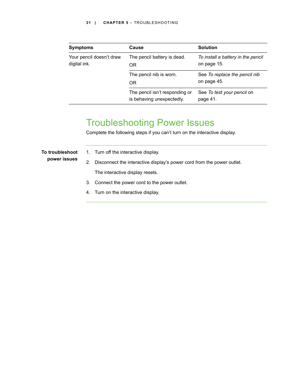 Troubleshooting power issues | Smart Technologies SBID Interactive Display 6052i User Manual | Page 39 / 62