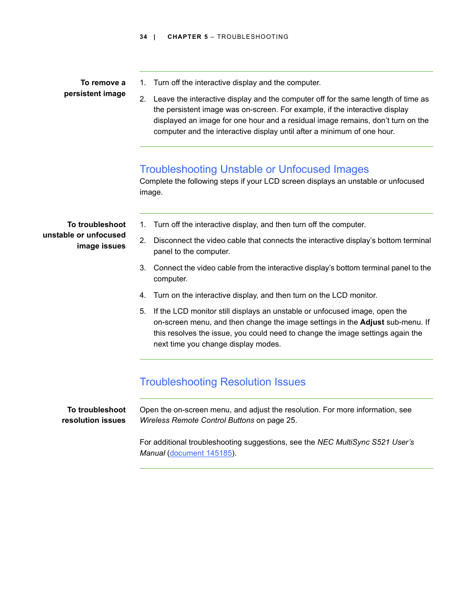 Troubleshooting unstable or unfocused images, Troubleshooting resolution issues | Smart Technologies SBID Interactive Display 6052i User Manual | Page 42 / 62