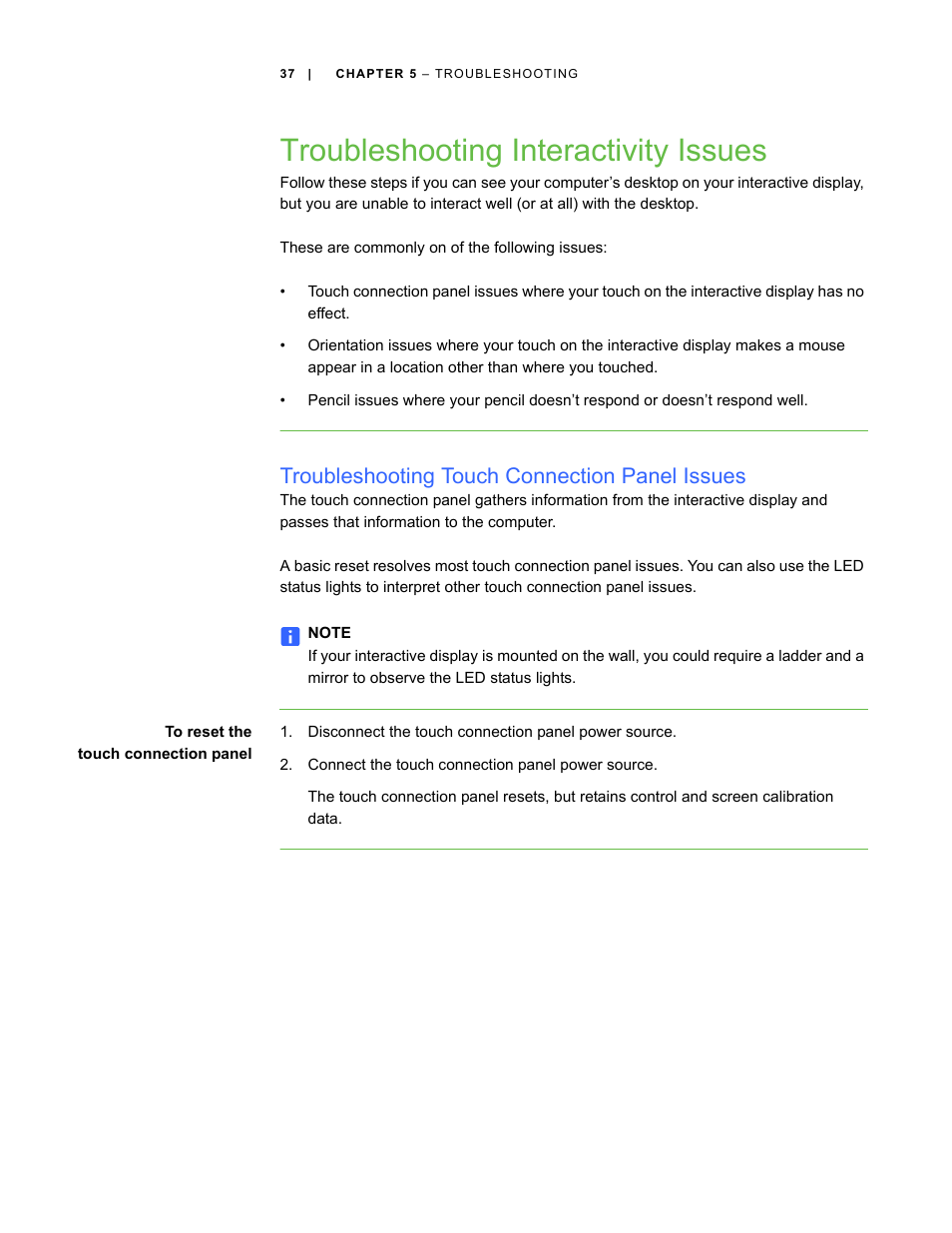 Troubleshooting interactivity issues, Troubleshooting touch connection panel issues | Smart Technologies SBID Interactive Display 6052i User Manual | Page 45 / 62