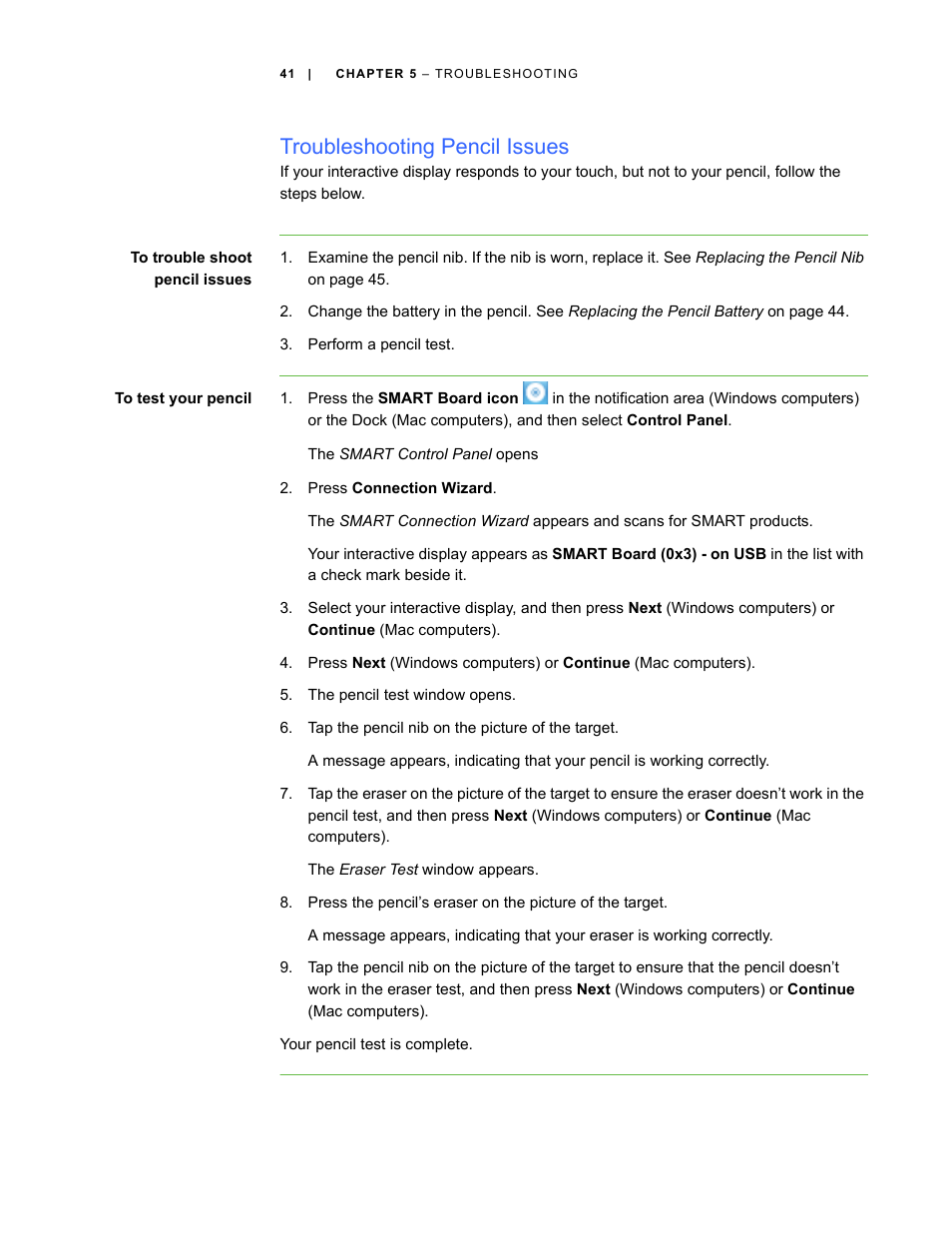 Troubleshooting pencil issues | Smart Technologies SBID Interactive Display 6052i User Manual | Page 49 / 62