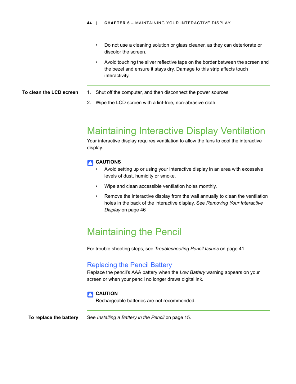 Maintaining interactive display ventilation, Maintaining the pencil, Replacing the pencil battery | Smart Technologies SBID Interactive Display 6052i User Manual | Page 52 / 62