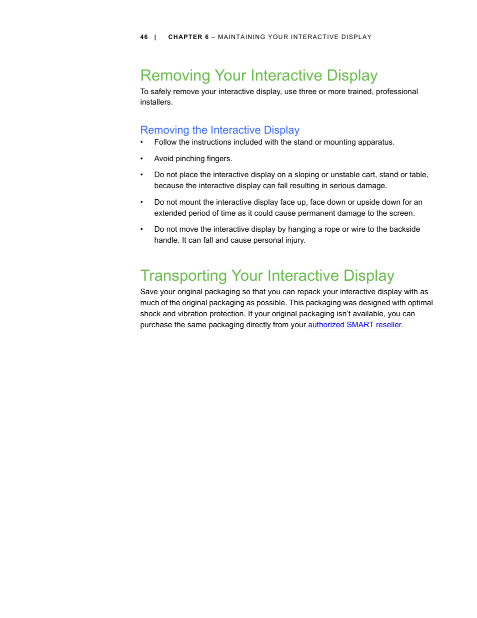 Removing your interactive display, Removing the interactive display, Transporting your interactive display | Smart Technologies SBID Interactive Display 6052i User Manual | Page 54 / 62