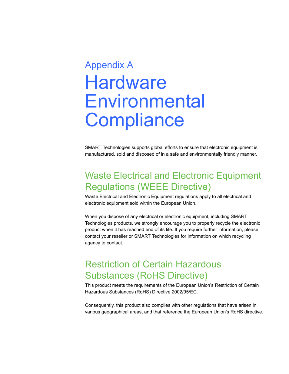 Hardware environmental compliance, A hardware environmental compliance | Smart Technologies SBID Interactive Display 6052i User Manual | Page 55 / 62