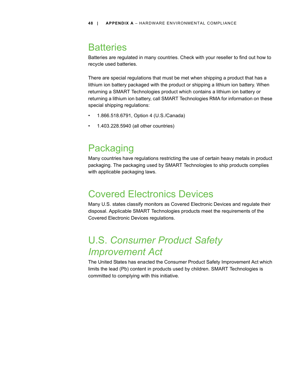 Batteries, Packaging, Covered electronics devices | U.s. consumer product safety improvement act | Smart Technologies SBID Interactive Display 6052i User Manual | Page 56 / 62