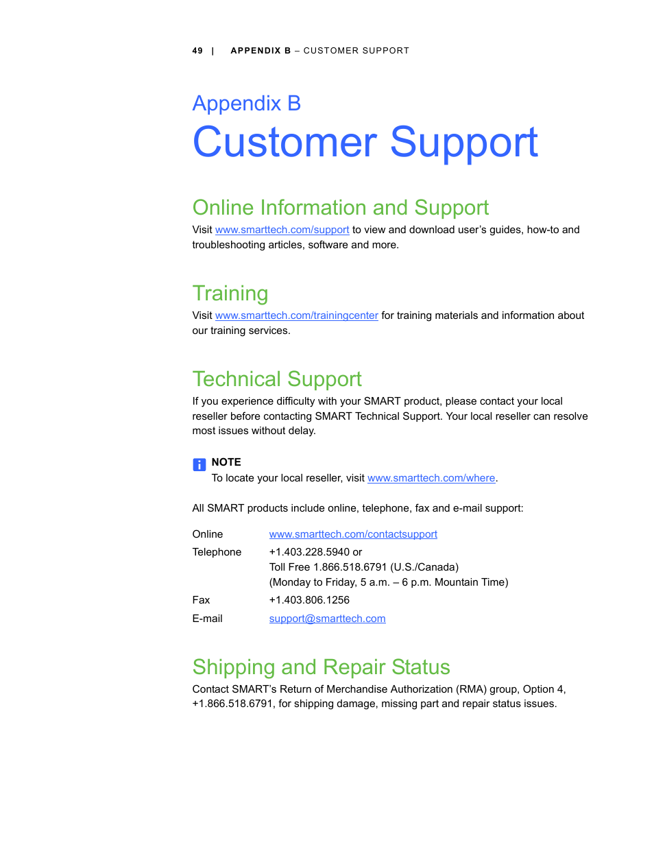 Customer support, Online information and support, Training | Technical support, Shipping and repair status, B customer support, Technical, Appendix b | Smart Technologies SBID Interactive Display 6052i User Manual | Page 57 / 62