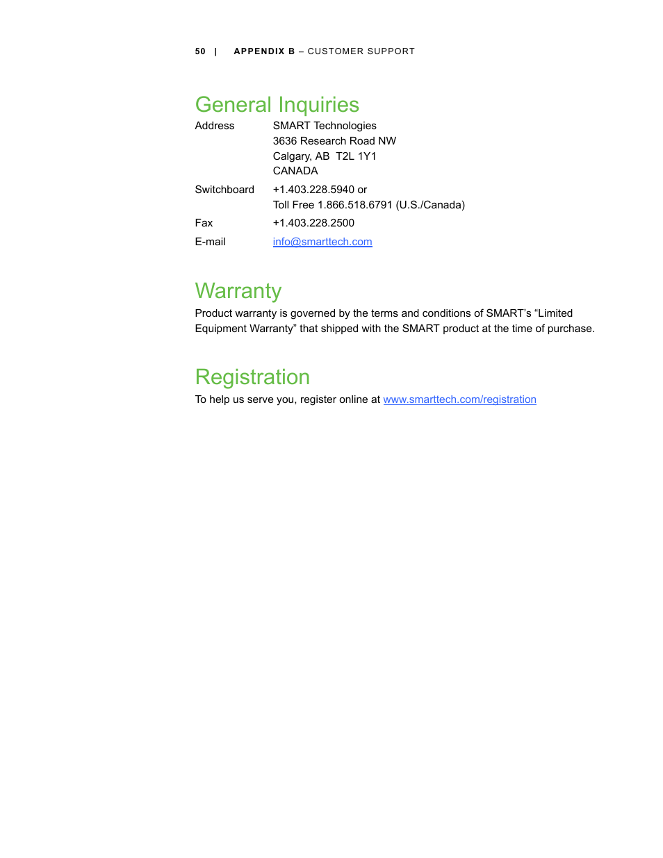 General inquiries, Warranty, Registration | General inquiries warranty | Smart Technologies SBID Interactive Display 6052i User Manual | Page 58 / 62